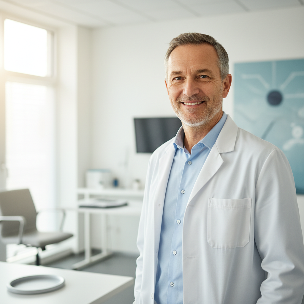 Dr. Hoffmann in seiner hellen Hausarztpraxis in Frankfurt